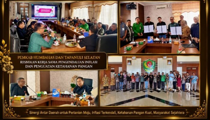 Pemkab Humbahas dan Tapanuli Selatan Resmikan Kerja Sama Strategis Pengendalian Inflasi dan Ketahanan Pangan                                  Radarihterpol-Humbahas ,-Pemerintah Kabupaten Humbang Hasundutan (Humbahas) dan Pemerintah Kabupaten Tapanuli Selatan (Tapsel) resmi menjalin kerja sama strategis di bidang pertanian sebagai langkah nyata mendukung pengendalian inflasi daerah dan memperkuat ketahanan pangan. Kesepakatan tersebut ditandai dengan penandatanganan Kesepakatan Bersama dan Perjanjian Kerja Sama yang dilaksanakan di Kantor Bupati Tapanuli Selatan, Sipirok, Jumat (19/6/2026).  Kerja sama ini menjadi wujud komitmen kedua pemerintah daerah dalam membangun sinergi lintas wilayah guna memperkuat sektor pertanian sebagai tulang punggung perekonomian masyarakat, sekaligus menjaga stabilitas pasokan dan harga pangan di tengah berbagai tantangan ekonomi yang berkembang saat ini.  Rombongan Pemerintah Kabupaten Humbang Hasundutan dipimpin Asisten Perekonomian dan Pembangunan Martogi Purba mewakili Bupati Humbang Hasundutan Dr. Oloan Paniaran Nababan, SH, MH. Turut hadir Asisten Pemerintahan dan Kesejahteraan Rakyat Sabar H. Purba, Kepala Dinas Pertanian dan Ketahanan Pangan Tukka Siahaan, Kabag Hukum Syahrizal Simamora, Kabag Perekonomian dan SDA Mariani Sinaga, Sekretaris Kopenaker Manongam Pasaribu serta sejumlah pejabat terkait lainnya.  Kedatangan rombongan Pemkab Humbahas disambut langsung oleh Wakil Bupati Tapanuli Selatan H. Jafar Syahbuddin Ritonga bersama Sekretaris Daerah Sofyan Adil, para asisten dan jajaran Pemerintah Kabupaten Tapanuli Selatan.  Dalam sambutannya, Wakil Bupati Tapanuli Selatan H. Jafar Syahbuddin Ritonga menyampaikan apresiasi atas terjalinnya kerja sama antara kedua daerah. Menurutnya, kolaborasi antar daerah merupakan langkah strategis untuk memperkuat ketahanan pangan dan meningkatkan kesejahteraan masyarakat.  “Kerja sama ini merupakan bentuk sinergi yang sangat positif. Dengan potensi pertanian yang dimiliki masing-masing daerah, kita optimistis dapat menjaga ketersediaan pangan, memperlancar distribusi komoditas, dan mendukung pengendalian inflasi secara berkelanjutan,” ujarnya.  Sementara itu, mewakili Bupati Humbahas, Martogi Purba menegaskan bahwa sektor pertanian memiliki peranan yang sangat penting dalam menjaga stabilitas ekonomi daerah. Oleh sebab itu, diperlukan kerja sama yang kuat antar daerah untuk meningkatkan produktivitas pertanian, memperkuat rantai pasok pangan, dan memperluas akses pasar bagi petani.  Menurutnya, kolaborasi yang dibangun antara Kabupaten Humbang Hasundutan dan Kabupaten Tapanuli Selatan merupakan langkah konkret dalam menciptakan sistem pangan yang tangguh dan berkelanjutan. Selain menjaga stabilitas harga, kerja sama tersebut juga diharapkan mampu meningkatkan pendapatan petani melalui terbukanya peluang pemasaran hasil pertanian yang lebih luas.  Penandatanganan kerja sama ini merupakan tindak lanjut dari pertemuan sebelumnya yang telah dilaksanakan pada 12 Mei 2026 di Kabupaten Humbang Hasundutan. Dalam pertemuan tersebut, kedua pemerintah daerah telah membahas berbagai peluang kerja sama strategis yang dapat dikembangkan bersama, khususnya dalam sektor pertanian dan ketahanan pangan.  Melalui kesepakatan yang telah ditandatangani, kedua daerah berkomitmen meningkatkan produktivitas pertanian, memperkuat distribusi dan pemasaran hasil pertanian, menjaga stabilitas harga komoditas strategis, serta mendukung upaya pengendalian inflasi daerah secara berkelanjutan.  Kerja sama ini juga diharapkan menjadi model sinergi antar daerah dalam memperkuat ketahanan pangan nasional, sekaligus mendorong pertumbuhan ekonomi daerah yang inklusif dan berkelanjutan. Dengan kolaborasi yang erat, kedua pemerintah daerah optimistis mampu menghadirkan manfaat nyata bagi masyarakat, khususnya para petani yang menjadi ujung tombak pembangunan sektor pertanian.  Di akhir kegiatan, kedua belah pihak melakukan sesi foto bersama sebagai simbol komitmen dan semangat kebersamaan dalam membangun sektor pertanian yang lebih maju, meningkatkan kesejahteraan masyarakat, serta mewujudkan ketahanan pangan yang kuat dan berkelanjutan di Sumatera Utara. (P.Lumbagaol)